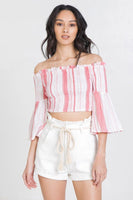 Striped Off-the-shoulder Gauze Crop Top