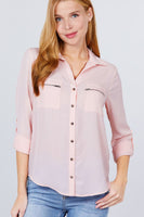 3/4 Roll Up Sleeve Pocket W/zipper Detail Woven Blouse