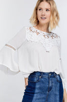 Cute Floral Mesh Lace Accent Yoke Crochet Detailed Tie-back Bell Sleeve Blouse Top