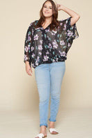 Plus Size Floral Chiffon Sheer Surplice Top