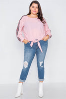 Plus Size Color Block Sleeve Front Knot Semi-sheer Top