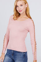 Long Sleeve W/strappy Detail Round Neck Rib Sweater Top