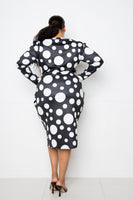 Polka Dot Drop Waist Ruched Midi Dress