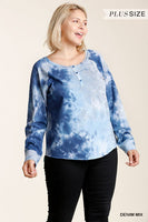 Tie-dye Button Front Long Raglan Sleeve Top With Raw Hem