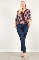 Plaid 3/4 Sleeve Top With Hi-lo Hem, V-neckline, And Relaxed Fit