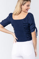 Elbow Slv Smocked Ruched Woven Top