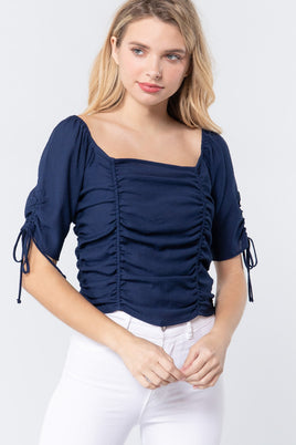 Elbow Slv Smocked Ruched Woven Top