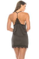 2 Piece Satin Lace Trimmed Slip Set With Matching Thong