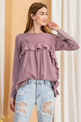 Long Sleeve Ruffled Detailing Oil Washed Knit Tunic