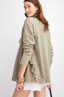 Long Sleeve Ruffled Detailing Oil Washed Knit Tunic