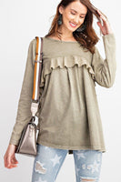 Long Sleeve Ruffled Detailing Oil Washed Knit Tunic