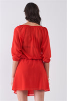 Flame Red Boat Neck Ruffle Collar Midi Sleeve Self-tie Waist Front Button Down Mini Dress