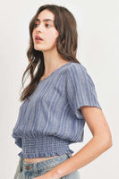 Woven Printed Crinkle Gauze Waist Smocking Short Sleeve Top