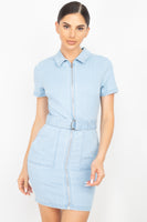 Belted Bodycon Collared Denim Dress