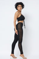 Mesh Strappy Adjustable Ruched Crop Top With Matching See Through Side Panel Leggings