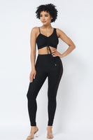 Mesh Strappy Adjustable Ruched Crop Top With Matching See Through Side Panel Leggings