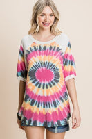 French Terry Tie Dye Printed Casual Mini Bubble Sleeves Tunic Top