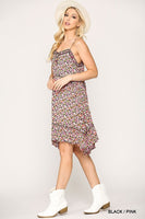 Ditsy Floral Print Sleeveless Dress With Lace Trim