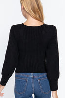 Long Puff Slv V-neck Rib Sweater