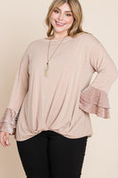 Plus Size Two Tier Velvet Animal Mesh Sleeves Solid Knit Top