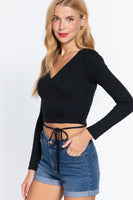 Long Slv Surplice Wrap Rib Knit Top