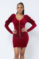 Soft Velvet Pleated Puff Sleeve Low V Neck Front And Back Mini Dress