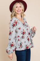 Floral Hacci Printed Babydoll Top With Elastic Cuff Sleeves