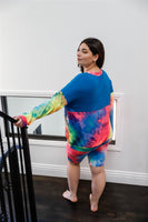 Plus Blue Neon Rainbow Tie-dye Colorblock Long Sleeve Top & Biker Shorts Set