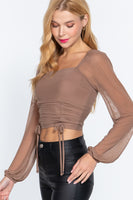 Long Slv Ruched Mesh Knit Top