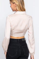 Long Sleeve Notched Collar Front Twisted Detail Crop Woven Top