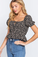 Short Slv Shirring Print Woven Top