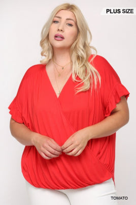 Solid Viscose Knit Surplice Top With Ruffle Sleeve