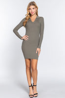 Long Slv V-neck Sweater Rib Mini Dress