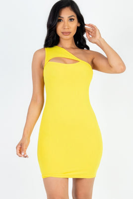 Ribbed One Shoulder Cutout Front Mini Bodycon Dress