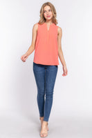 Sleeveless Henley Neck Woven Top