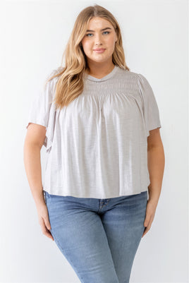 Plus Grey Cotton Blend Smoked Short Sleeve Top