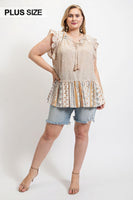 Woven Prints Mixed And Sleeveless Flutter Top With Tassel Tie