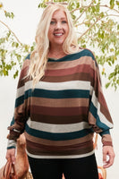 Boat Neck Long Bubble Sleeve Multi Stripe Print Knit Top