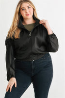 Plus Satin Zip-up Ruched Long Sleeve Cropped Bomber Jacket