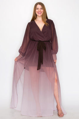 Ombre Chiffon Wrap Front Long Sleeve Tie Waist Slit Front Maxi Dress