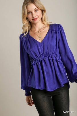 Satin V-neck Ruffle Baby Doll Top With Cuffed Long Sleeve