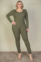 Plus Size Ribbed Scoop Neck Long Sleeve Jumpsuit