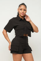 Front Button Down Side Pockets Top And Shorts Set