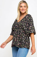 Floral V-neck Babydoll Balloon Slv Top