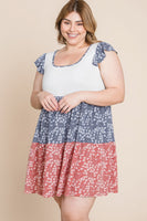 Plus Size Floral Color Block Contrast Tiered Babydoll Dress