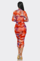 Summer Heat Print Mesh Ruched Midi Dress