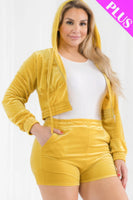 Plus Size Velour Crop Zip Up Hoodie And Shorts Set