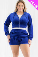 Plus Size Velour Crop Zip Up Hoodie And Shorts Set