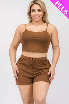 Plus Size Solid Ribbed Cami Top And Shorts Set