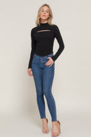 Long slv mock neck kyehole rib knit top